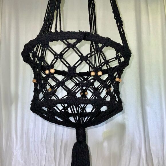 vintage black macrame hanging planter wooden beads - Picture 2 of 7